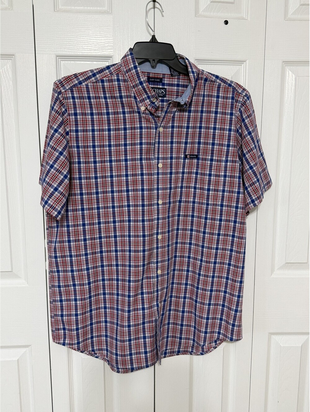 Chaps Shirt Mens L Blue Red Plaid Short Sleeve Button Up Easy Care Casual Woven